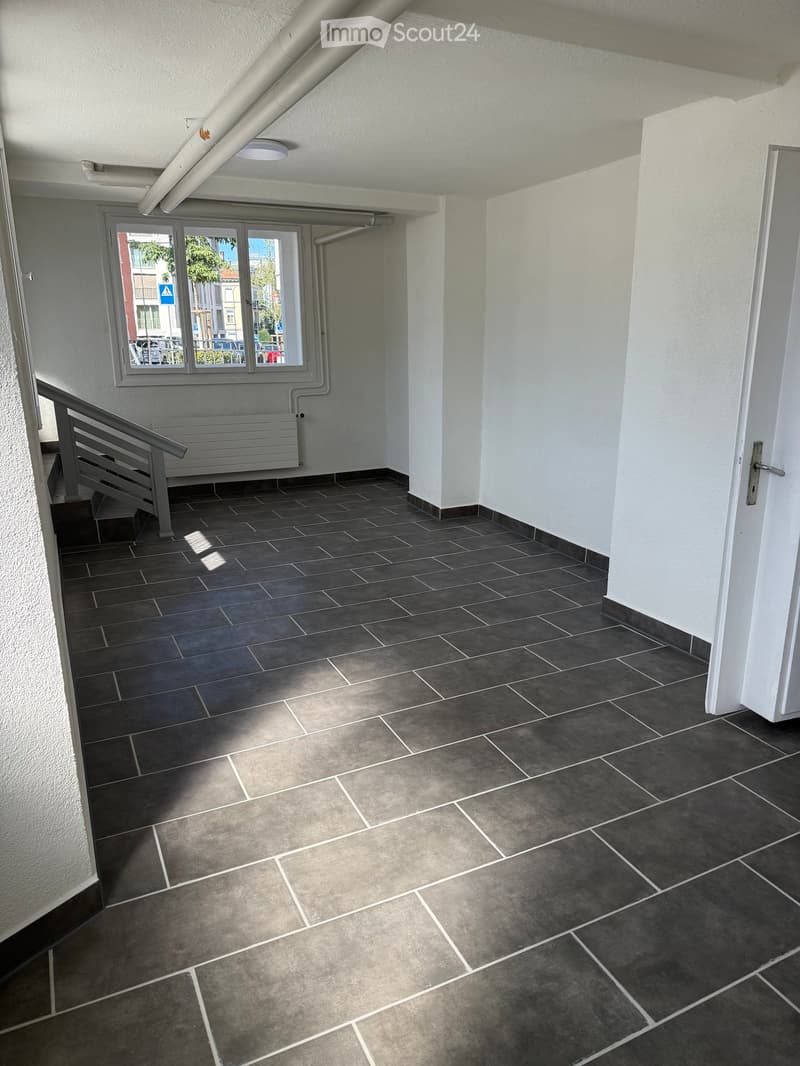 Empty hallway with dark tiled floor, white walls, a staircase with metal railing, and a window showing the street outside.