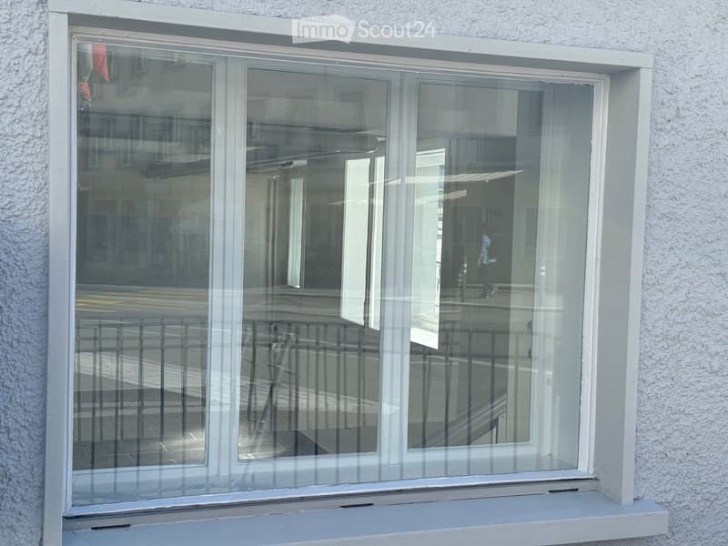 White-framed window with a small balcony ledge, showing reflections of a building and street below.