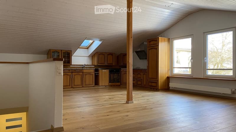 open kitchen, wooden floor, wooden cabinets, skylight, windows, radiator