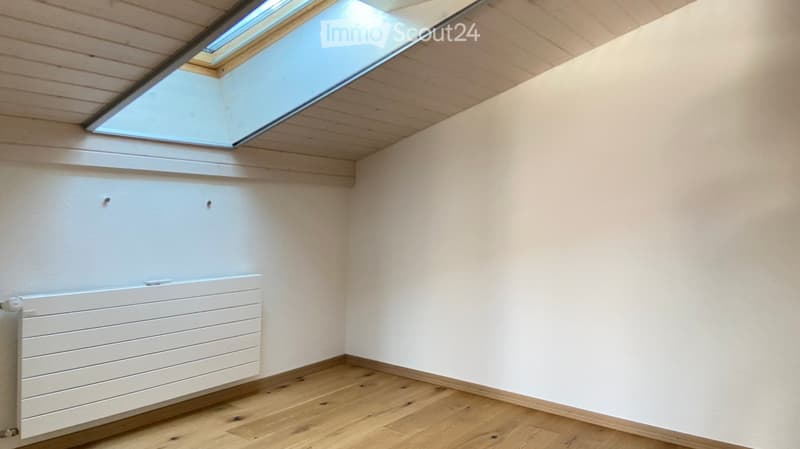empty room, wooden floor, white walls, white ceiling, white radiator, skylight