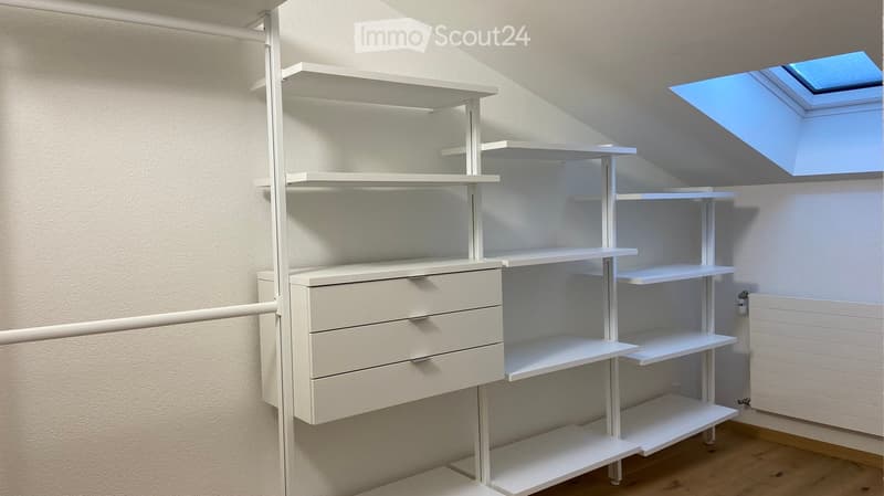 white shelves, white drawers, white walls, wooden floor, skylight