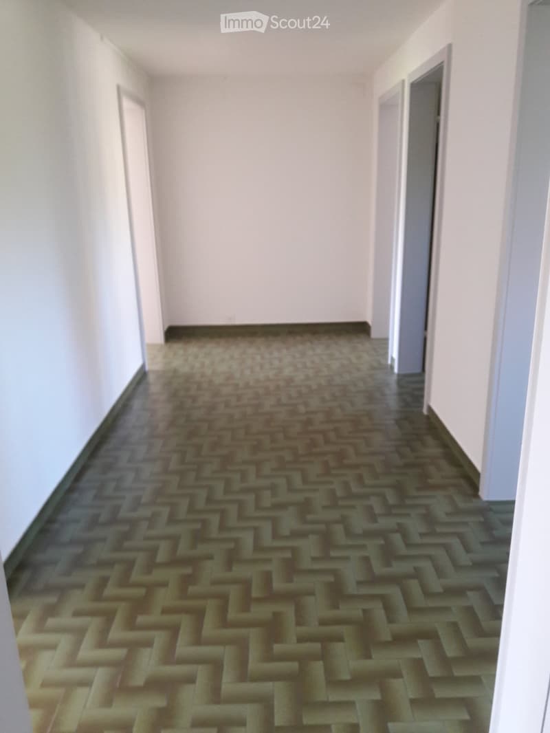 Empty room with chevron flooring, three open doors, white walls