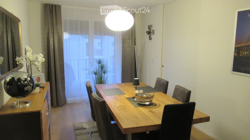 Dining room with wooden table, chairs, white curtains, lamp, plant, globe, cabinet, mirror