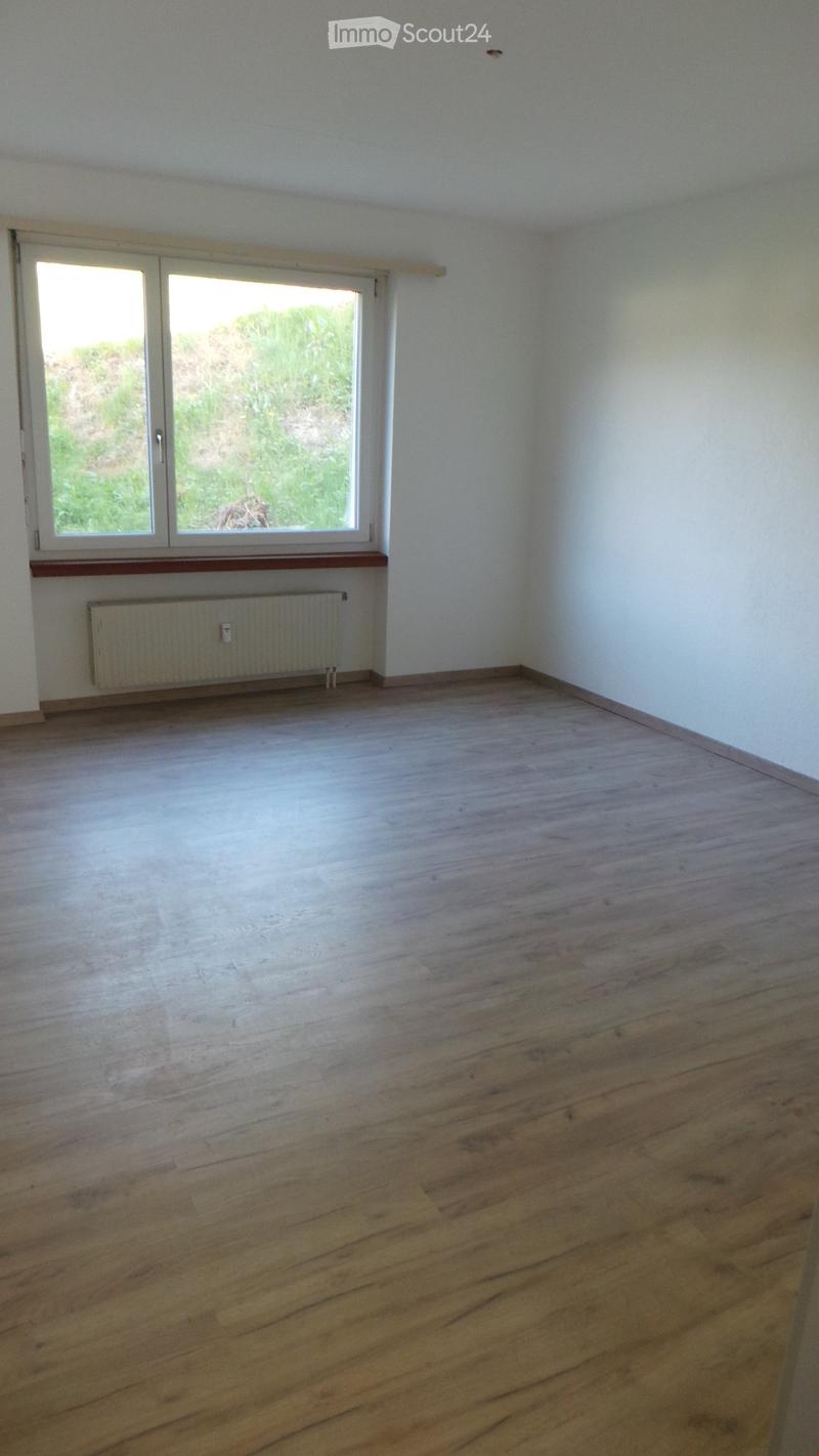 Empty room with wooden flooring, white walls, and a large window with a view of greenery outside. A radiator is visible under the window.