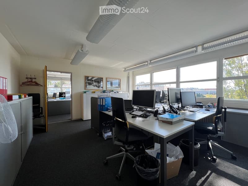 Empty office with desks, monitors, chairs, cabinets, waste bin, trash can, and two doors