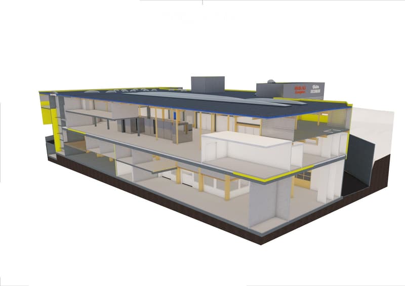 The image appears to be a 3D rendering of a building's layout, showing several floors and various structural elements.