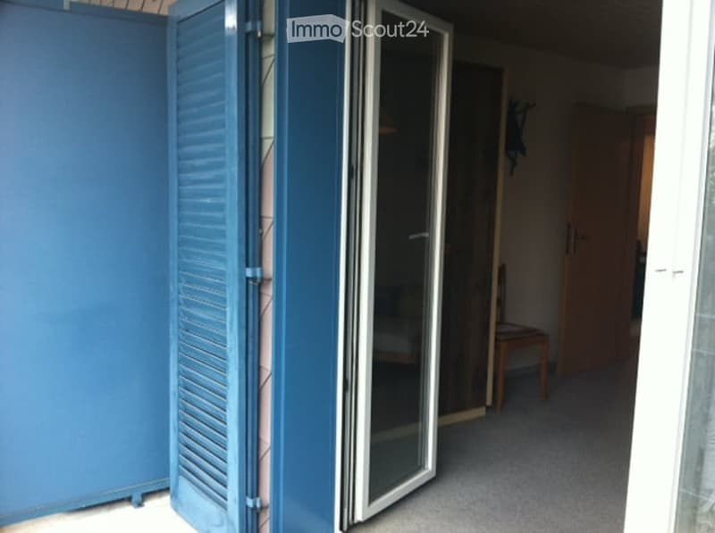A narrow hallway with a glass door leading to a room, blue shutters on the left, and a wooden chair visible in the adjacent room.
