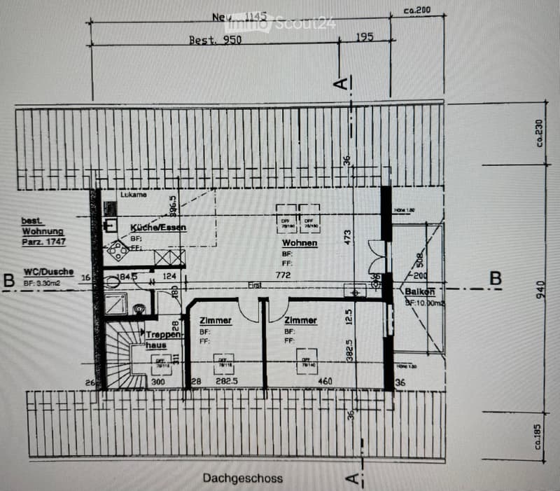 Floor plan of a residential unit showing kitchen/dining area, living room, two bedrooms, bathroom, staircase, and balcony.