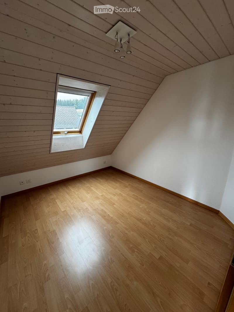 Empty room with wooden flooring, white walls, and a skylight window allowing natural light. The ceiling has wooden paneling and a built-in light fixture.