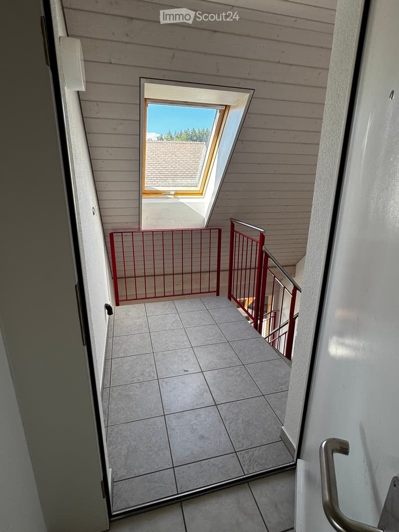 Hallway with tiled floor, wooden ceiling, red safety gate, metal railing, and skylight window showing roof and trees.