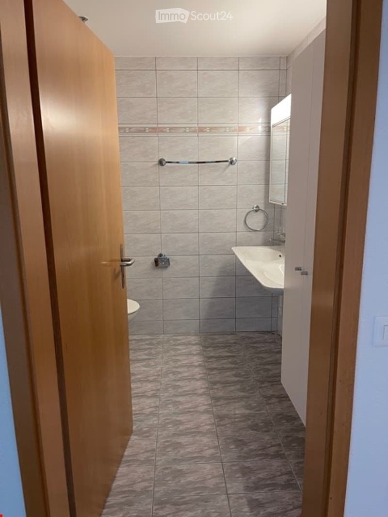 Modern bathroom with grey tiled walls and floor, a white sink, a mirror, and a towel rack. The door is open, revealing the interior.