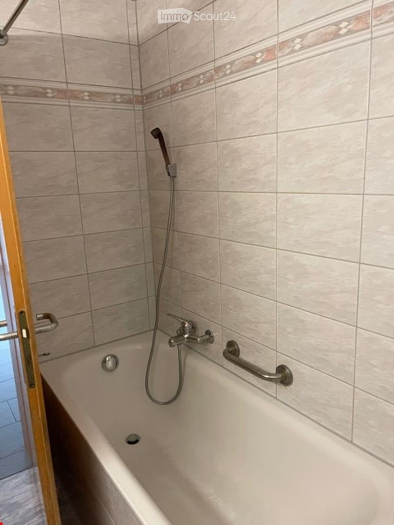 Bathtub with a handheld shower hose and a handrail for support, tiled walls with a decorative border.