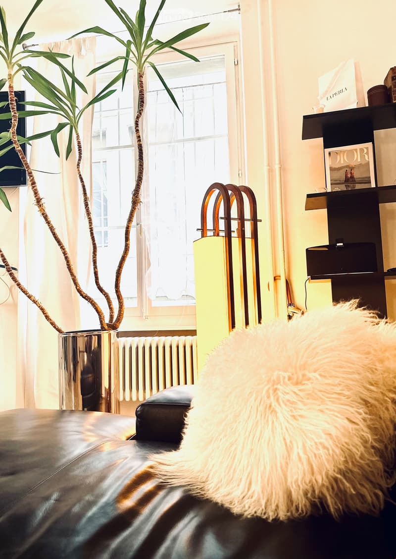 A cozy living room with a black leather sofa, a small black leather stool, a tall plant in a metallic pot, a modern lamp, and a shelf with books and decorative items.