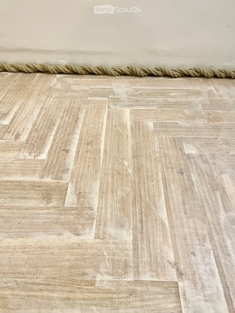 Empty room with light-colored wooden flooring and a rope along the top edge of the wall.
