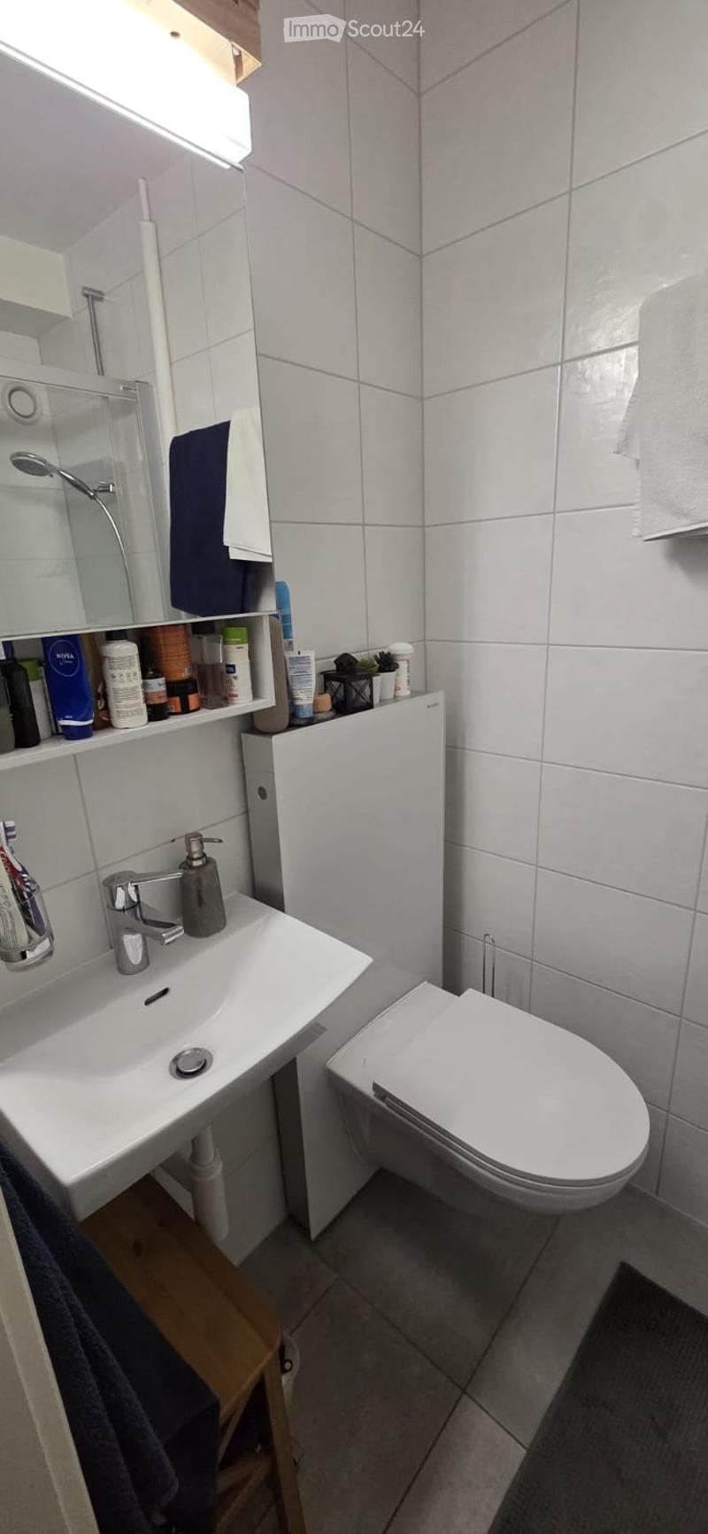 Modern bathroom with white tiles, a white sink with a chrome faucet, a toilet, a mirror, and a shelf holding toiletries and a towel.