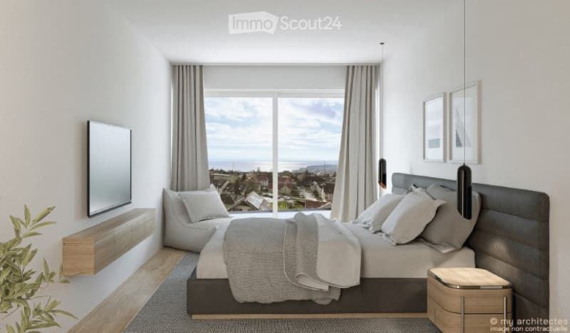a bedroom with a large window, bed, pillows, blankets, bedside cabinet, floor lamp, chair, TV and curtain