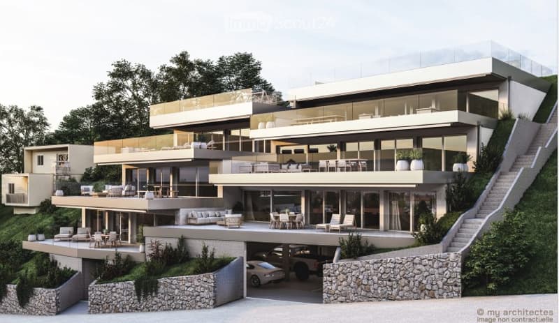 multi-level house, glass walls, multiple balconies, driveway, car parked