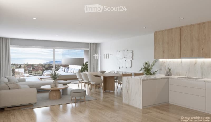 Living room with dining table and chairs, couch, open kitchen, wooden floor, glass walls with views, bed with pillows, wall decorations