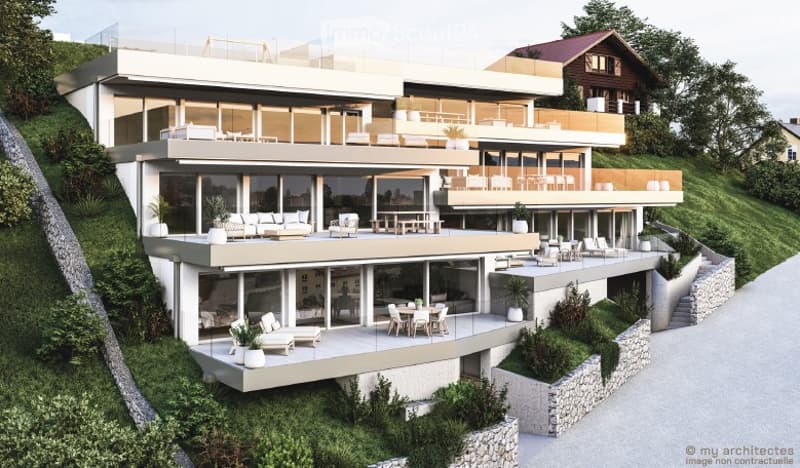 modern luxury house on hill, 4 stories, glass walls, terrace, raised ground floor