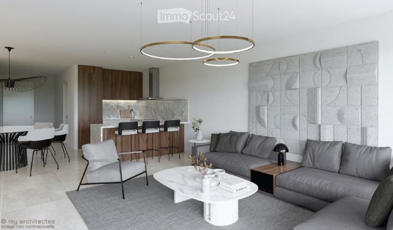 Modern living room, gray sofa, white coffee table, open kitchen, wooden flooring, white walls, round lights, round dining table