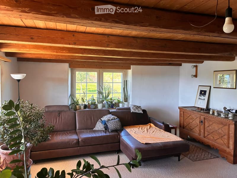 Cozy living room with exposed wooden ceiling beams, large windows, leather sofa, ottoman, side table, and decorative cabinet.