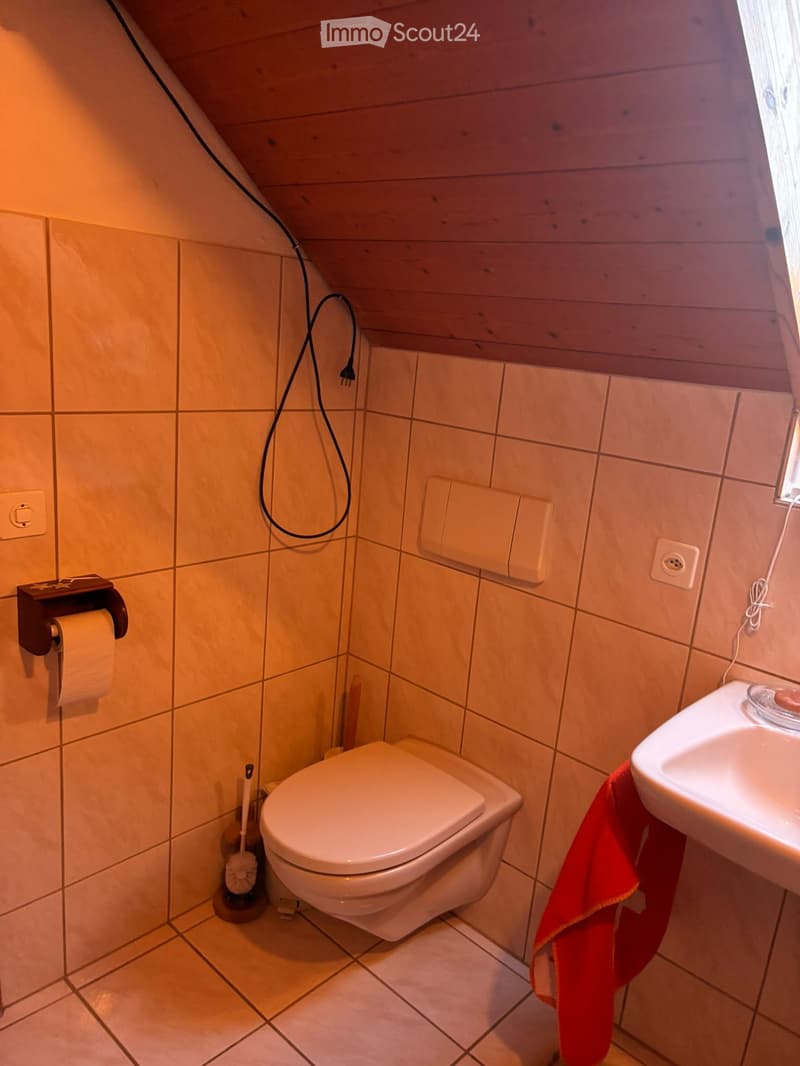 Small bathroom with tiled walls and wooden ceiling, featuring a toilet, sink with a red towel, toilet paper holder, and a toilet brush holder.