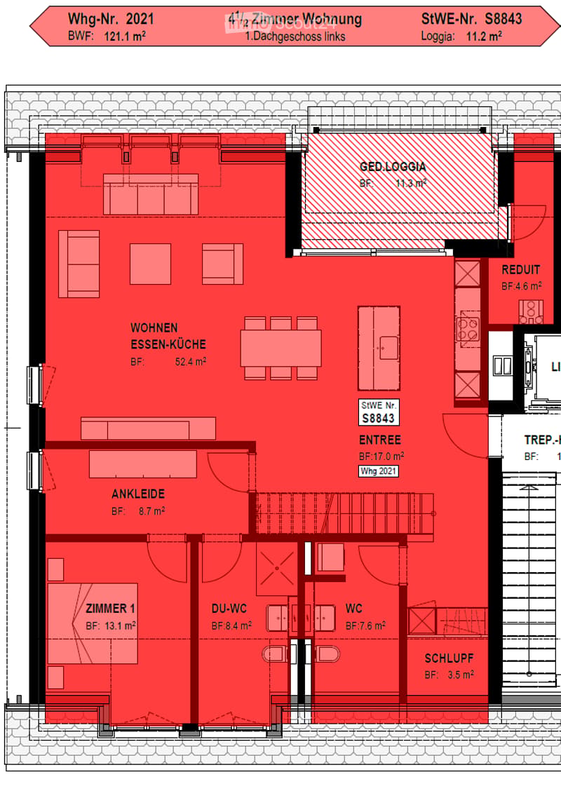 Floor plan of a 4.5-room apartment on the first floor, left side, featuring a living-dining-kitchen area, bedroom, bathroom, and entrance.