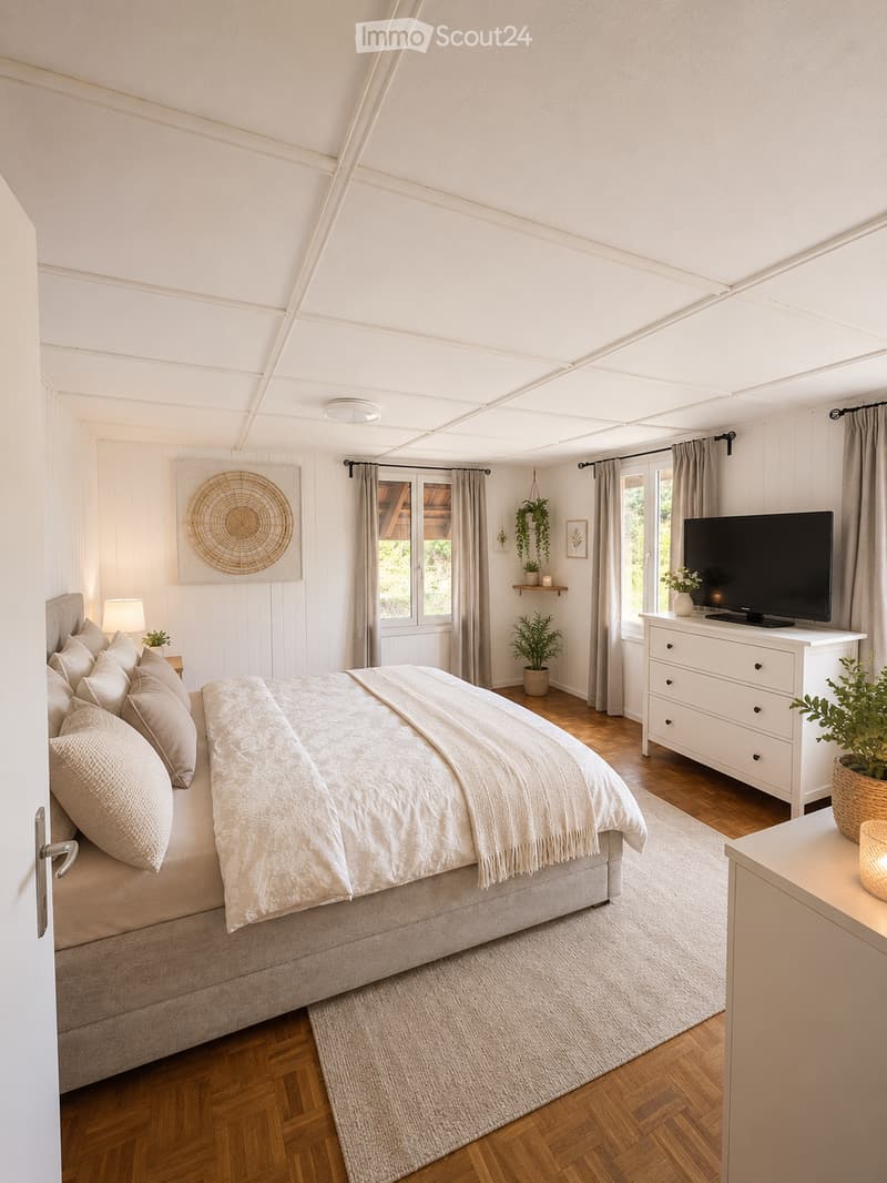 Cozy bedroom with a large bed, pillows, and a blanket, a nightstand with a lamp, a television on a dresser, and several potted plants. The room features wooden flooring, white walls, and large windows with curtains.