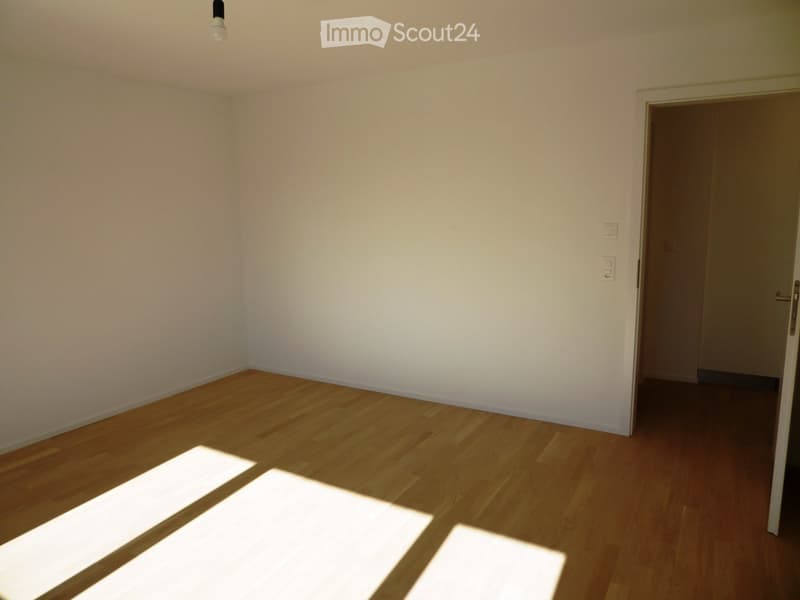 Empty room with light wooden flooring and white walls, featuring a single door and a ceiling light fixture.