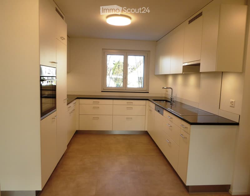 Modern, unfurnished kitchen with white cabinets, black countertops, and a window overlooking greenery.