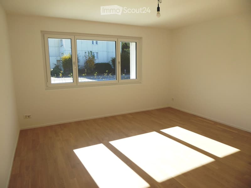 Empty room with wooden flooring and large windows, allowing natural light to fill the space.