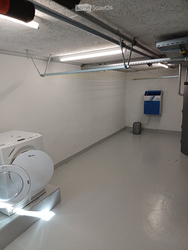 Laundry room with a white washing machine and a white dishwasher, fluorescent lighting, and a small black bag on the floor.