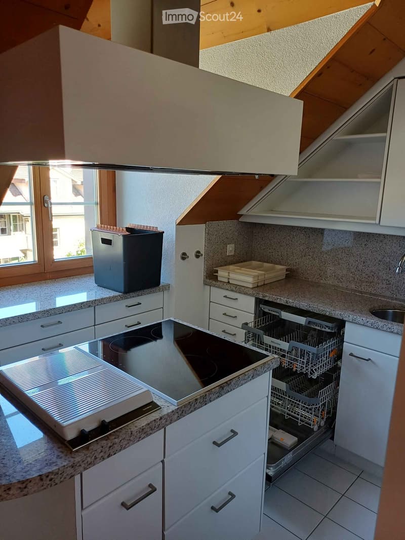 Modern kitchen with white cabinets, granite countertop, induction stove, open dishwasher, and a window with wooden frame.