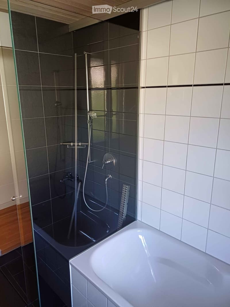 Modern bathroom with a bathtub, glass-enclosed shower, and sleek fixtures.