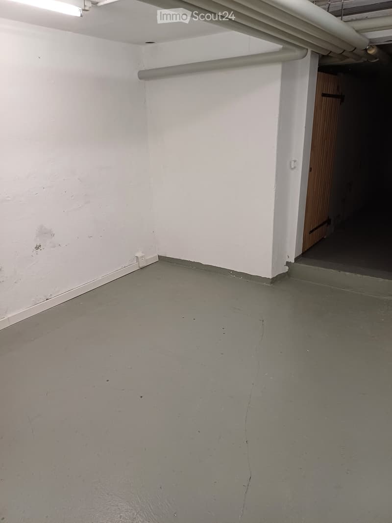 Empty room with concrete floor and white walls, featuring a wooden door leading to another space.
