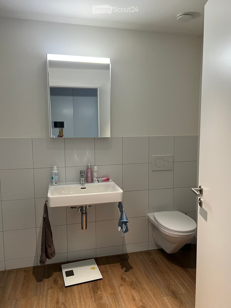 Modern bathroom with a white sink, toilet, mirror with built-in lighting, and a towel hanging on the wall. The floor is wooden, and the walls are tiled.