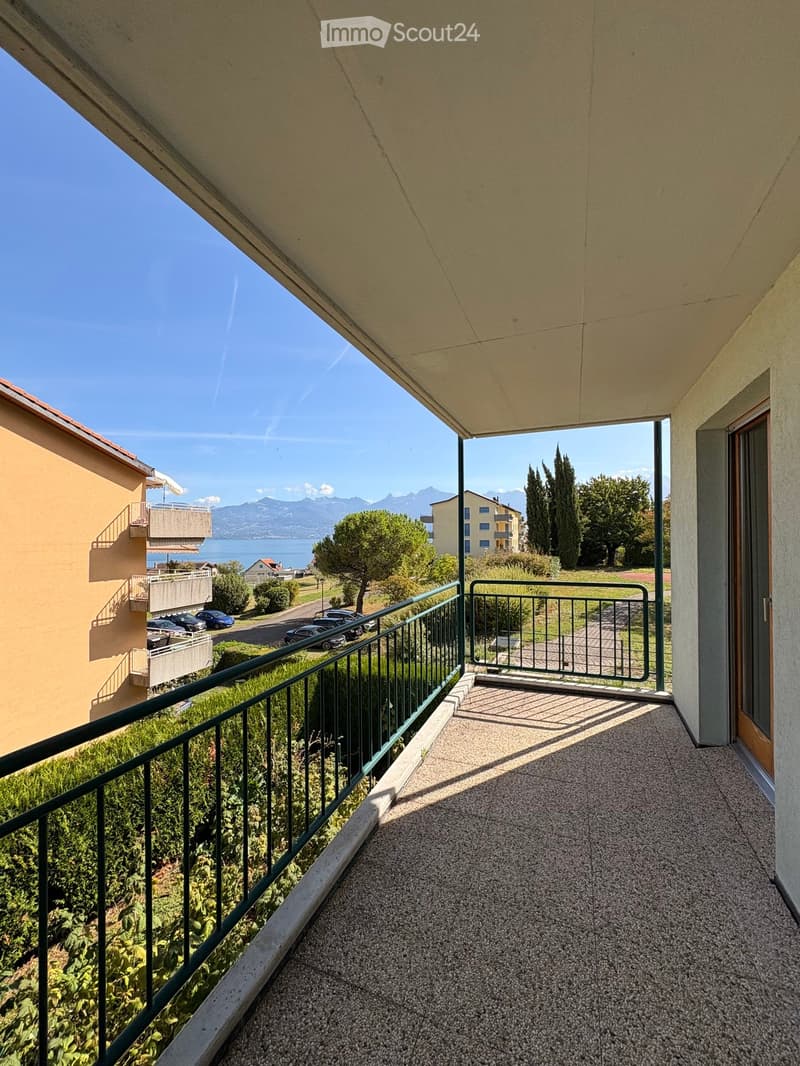 Balcony with metal railing, overlooking a scenic view of a lake and mountains, with surrounding greenery and parked cars visible below.