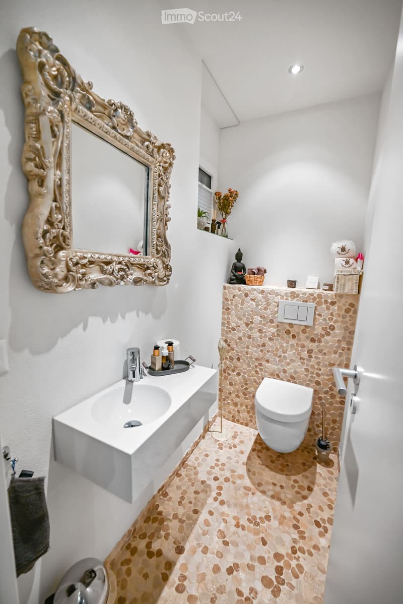 Modern bathroom with white walls, a white sink, a toilet, and a decorative mirror. The floor and part of the wall are covered in a mosaic of beige and brown tiles.