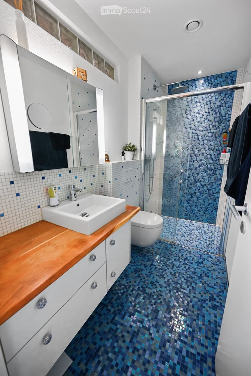 Modern bathroom with blue mosaic tiles, white sink, toilet, and glass-enclosed shower. Features a wooden countertop, mirrored cabinet, and small plant on the shelf.