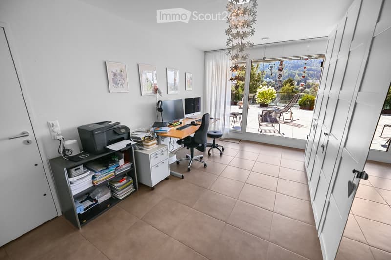 Modern office space with a large desk, two computer monitors, a printer, a chair, and shelves filled with books and files. Large windows offer a scenic view of the outdoors.