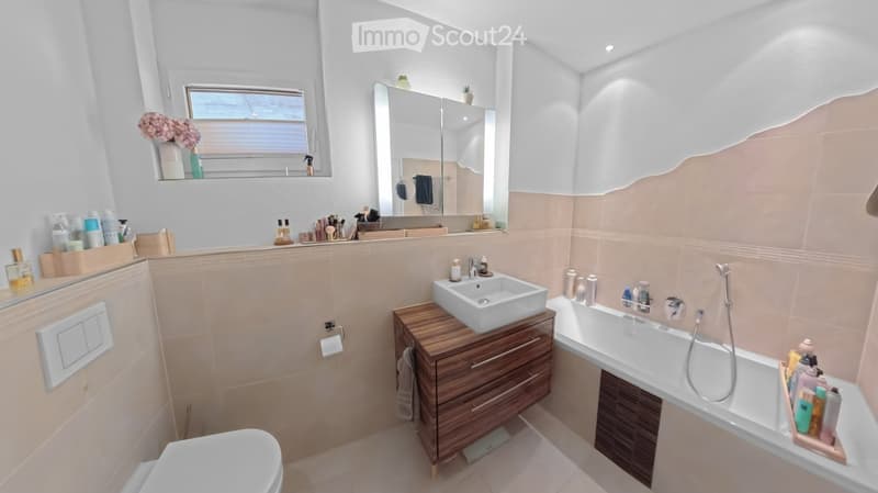 Modern bathroom with a white sink on a wooden cabinet, a bathtub with a handheld showerhead, a toilet, a large mirror, and various toiletries neatly arranged on shelves and the cabinet.