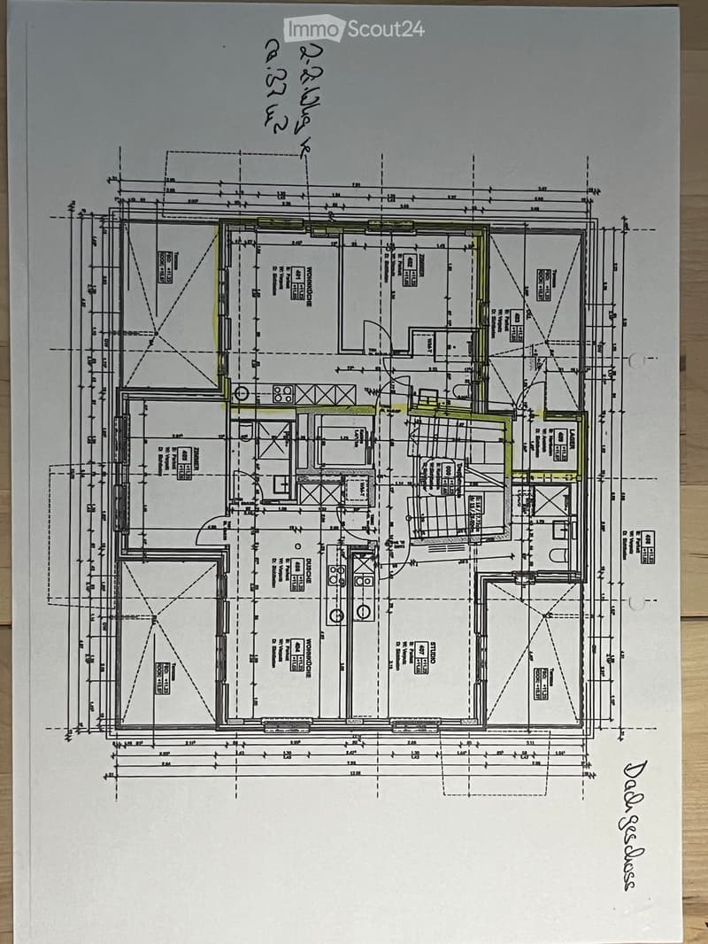 Floor plan of a residential space with labeled rooms including a kitchen, living room, bedrooms, and bathrooms. Dimensions and measurements are indicated throughout the layout.