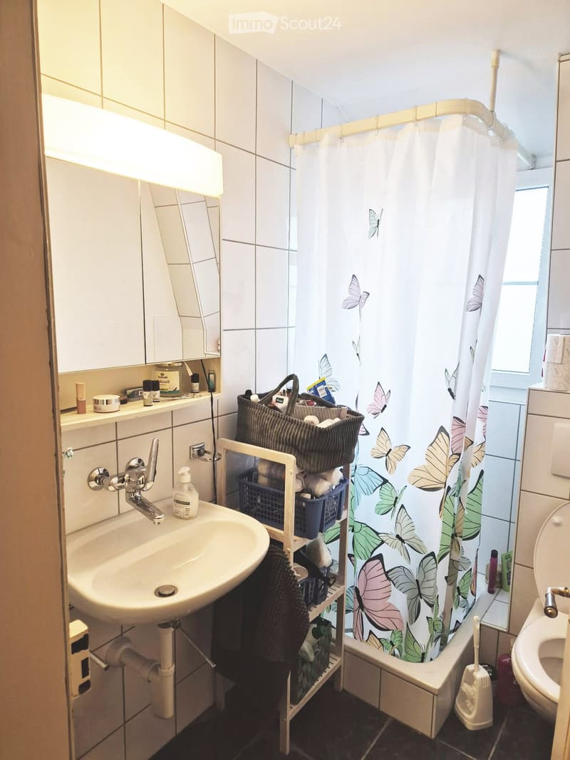 Bathroom with a sink, toilet, shower curtain with butterfly design, mirror, towel rack, and a basket holding towels and other items.