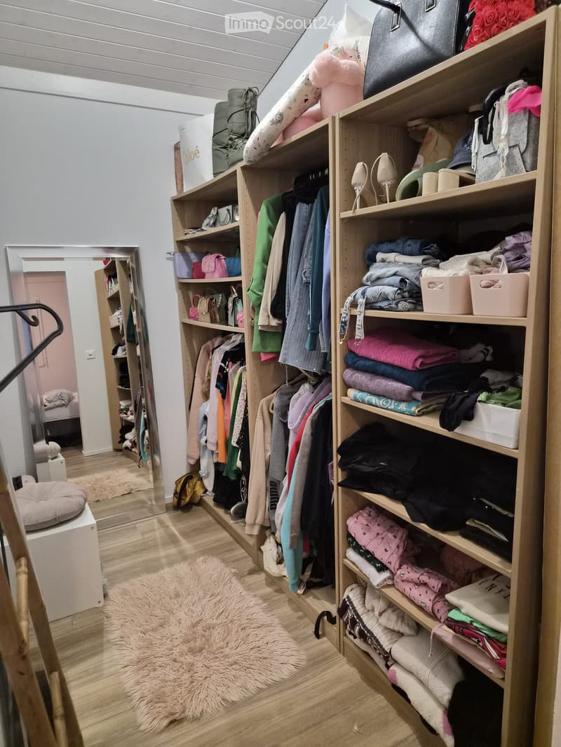 Well-organized walk-in closet with wooden shelves and clothing racks, a large mirror, a fluffy rug, and a pet bed visible in the foreground.