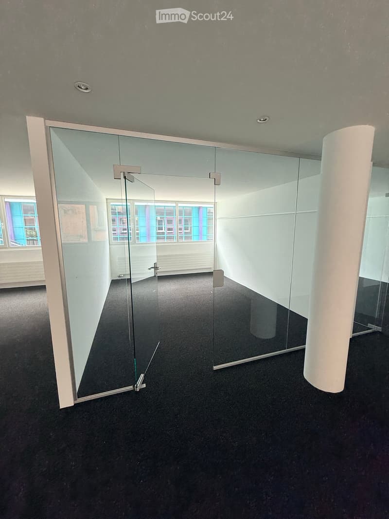 Modern hallway with glass partitions, black carpeted floor, white walls, and recessed ceiling lighting.
