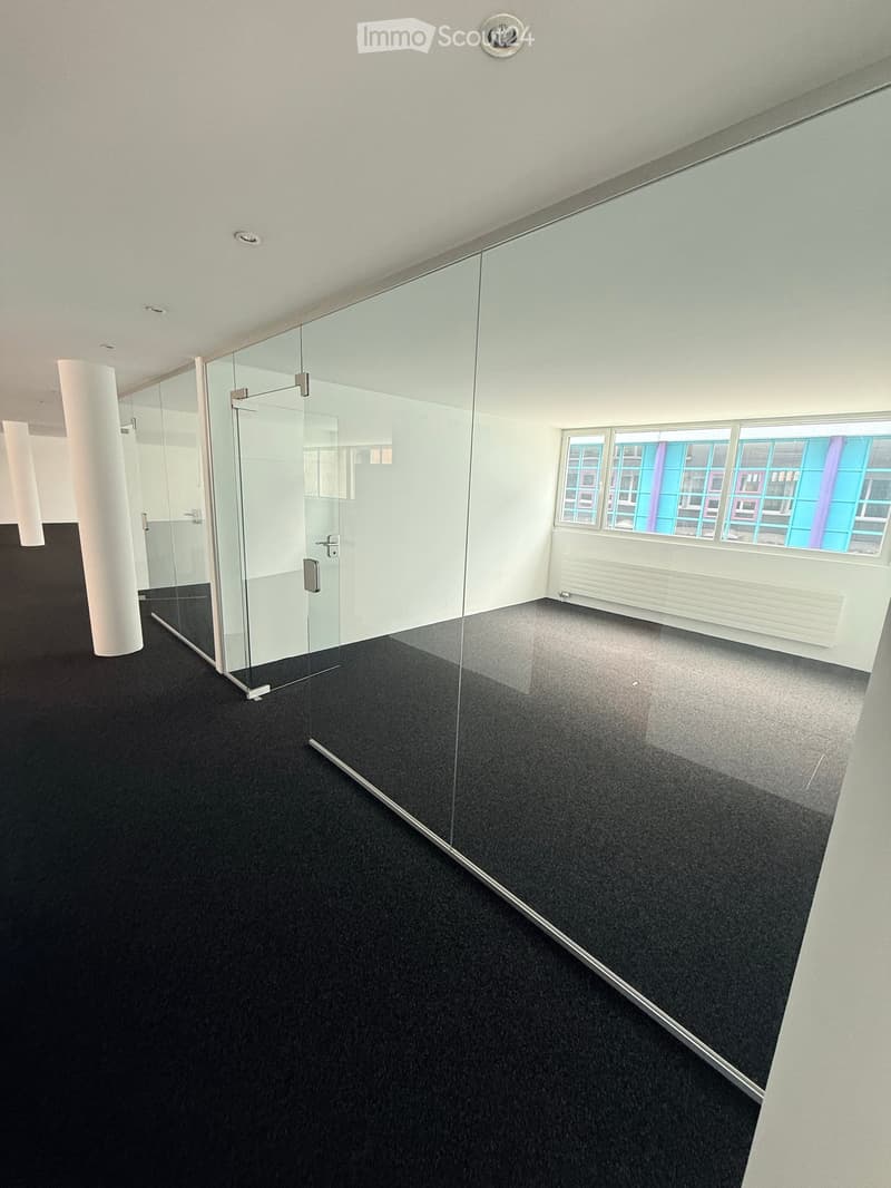 Empty room with black carpeted floor, white walls, glass partition, and large windows showing a view of buildings outside.