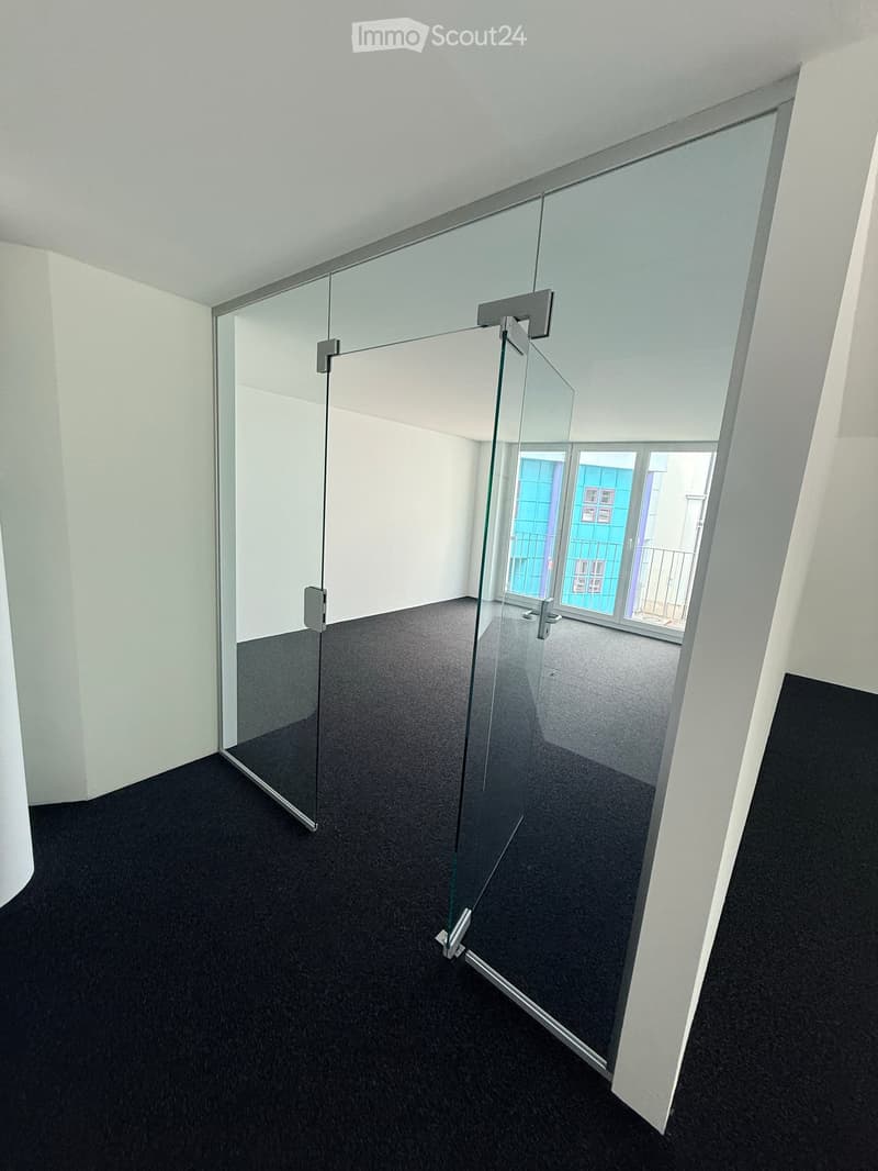 Modern hallway with glass partition, black carpet, white walls, and large windows leading to a blue exterior view.
