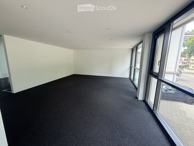 Empty room with white walls, black carpet, large windows, and modern lighting fixtures.