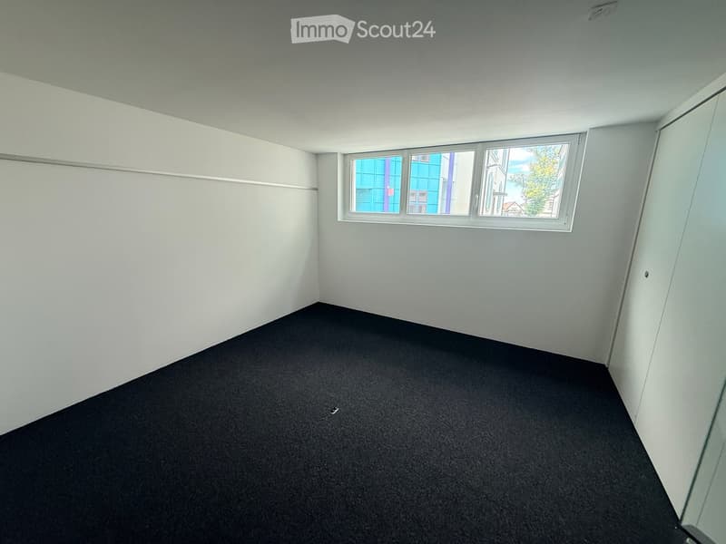Empty room with white walls, black carpet, and a single window showing a view of a building and trees.