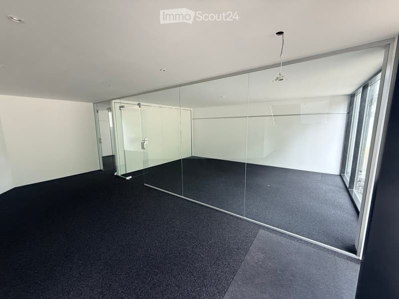Empty room with white walls, black carpet, large glass partitions, and modern lighting fixtures.